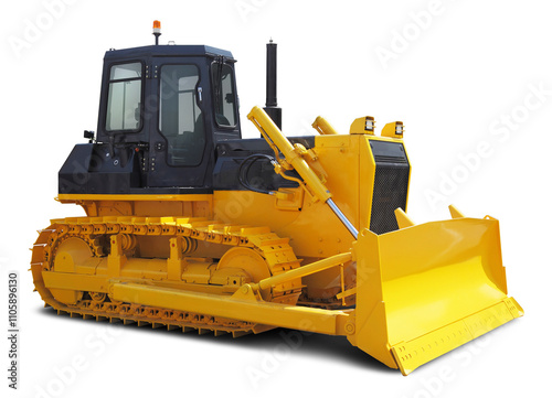 Modern powerful bulldozer side view front, yellow. In png format on a transparent background.