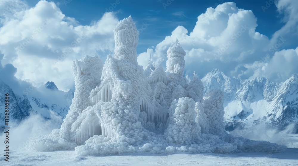 Towering snow and ice sculpture with intricate carvings, surrounded by snow-capped mountains