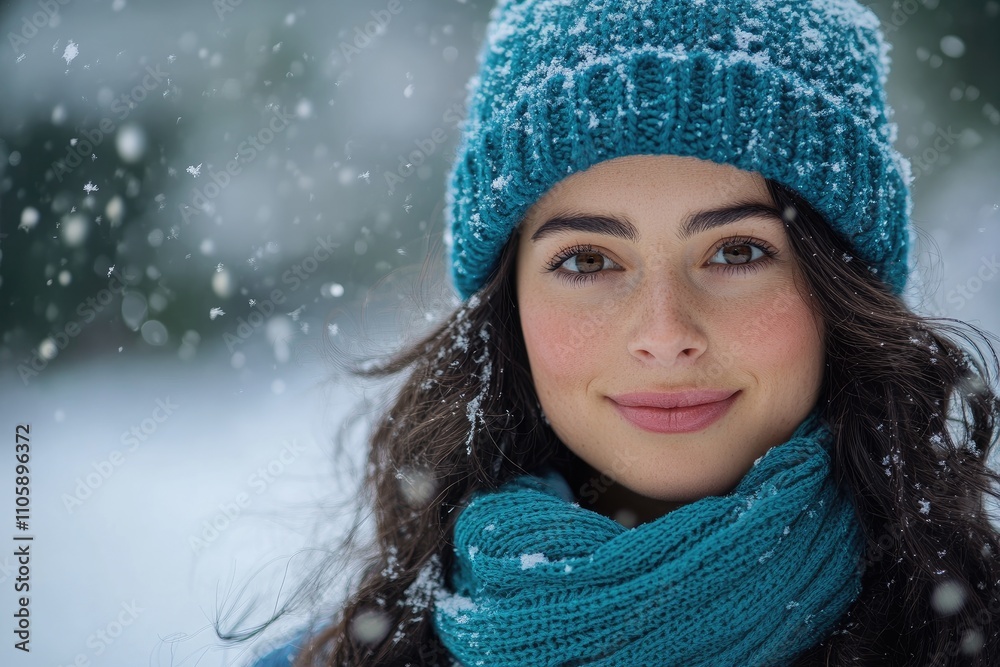 Beautiful woman wearing blue winter clothes enjoying snowfall Beautiful woman wearing blue winter clothes enjoying snowfall