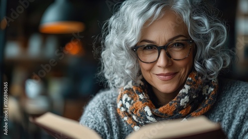 Smiling mature woman reading a book in a cafe