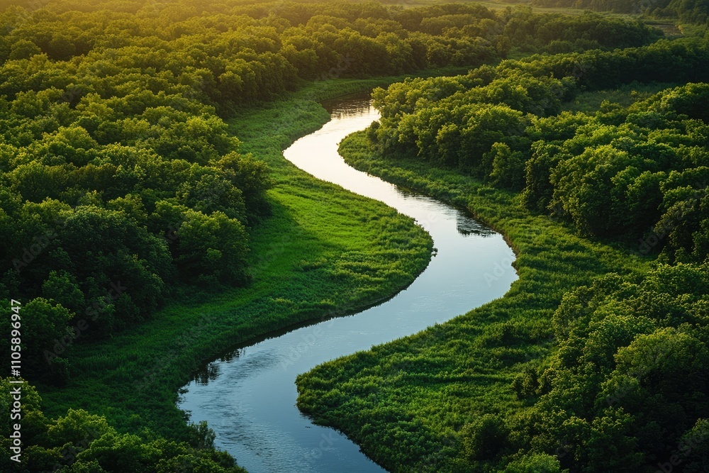 River meandering through lush green forest at sunset River meandering through lush green forest at sunset
