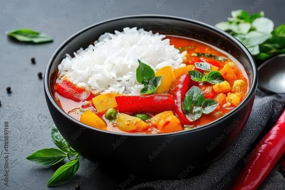 Colorful Vegetable Curry with Rice in a Black Bowl Garnished Fresh Colorful Vegetable Curry with Rice in a Black Bowl Garnished Fresh