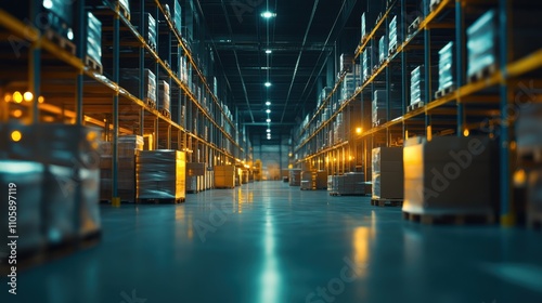 Modern warehouse interior with shelves full of goods and materials.