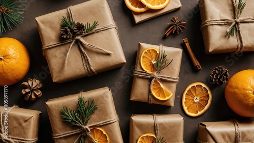 AI GENERATE, CHRISTMAS Flat lay of simple holiday gifts wrapped in kraft paper with twine and dried orange slices.