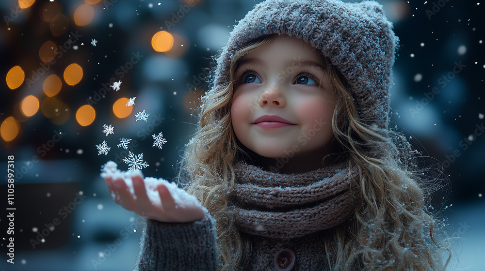 Little girl catching snowflakes with her palm, magical winter moment Little girl catching snowflakes with her palm, magical winter moment