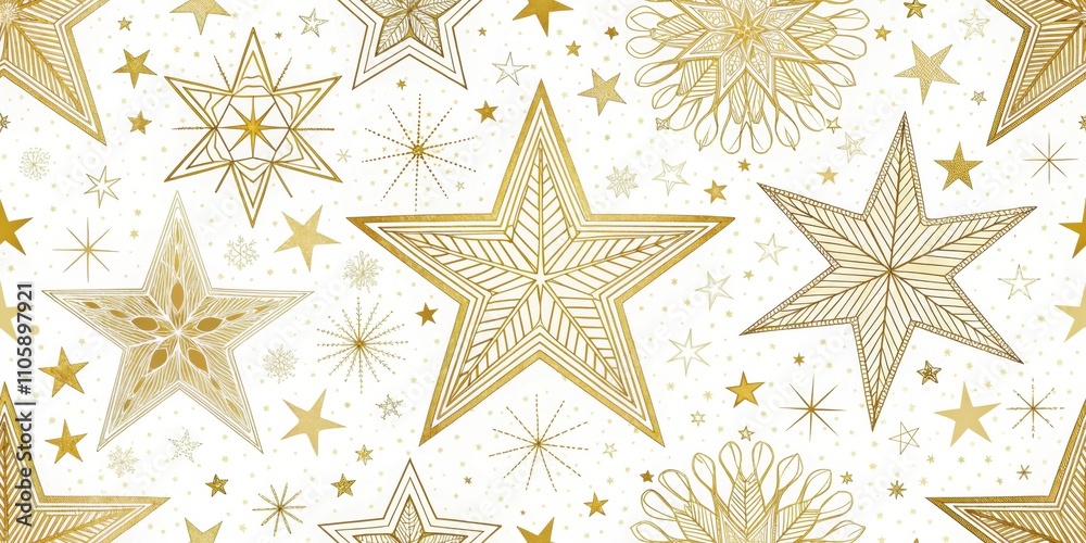 Fototapeta premium Ornate Gold Stars and Snowflake Pattern Design for Festive Celebrations