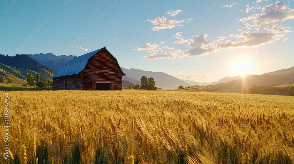 Serene Sunset Over Wheat Field with Rustic Barn and Mountains Serene Sunset Over Wheat Field with Rustic Barn and Mountains