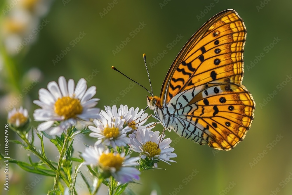 Obraz premium Beautiful butterfly feeding on white wildflowers in nature