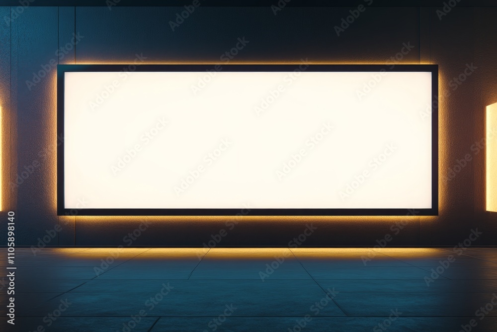 Blank Illuminated Billboard Surrounded by Minimalistic Architectural Elements in a Modern Gallery Setting Blank Illuminated Billboard Surrounded by Minimalistic Architectural Elements in a Modern Gallery Setting