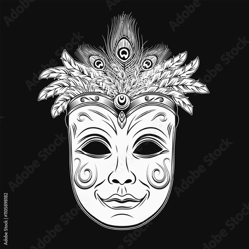 Carnival venetian face mask with bundle of feathers on top. Detailed black and white illustration in vintage style. Mardi Gras decoration. Front view.