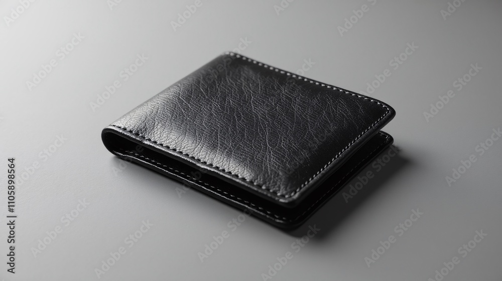 A plain black leather bifold wallet mockup with a subtle grain texture, rendered flat on a matte gray background in soft, photorealistic lighting. Perfect for branding or marketing. A plain black leather bifold wallet mockup with a subtle grain texture, rendered flat on a matte gray background in soft, photorealistic lighting. Perfect for branding or marketing.