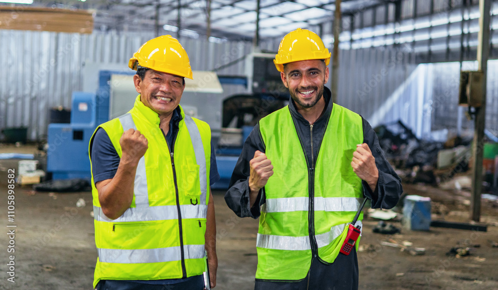 Two men in safety vests are smiling and holding their hands up in the air Two men in safety vests are smiling and holding their hands up in the air