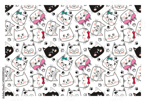 Seamless pattern of cat faces with bows, kerchiefs, scarves and bow ties. Black and white outline illustration. Vector illustration.