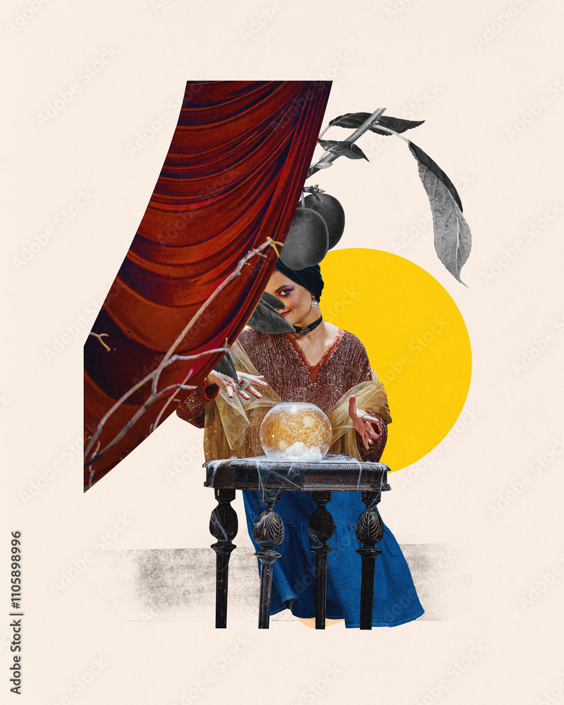 Naklejka premium Mysterious fortune teller in sparkling attire with crystal ball on vintage table, surrounded by abstract floral designs and theatrical curtains. Contemporary art collage. Retro circus, fantasy concept