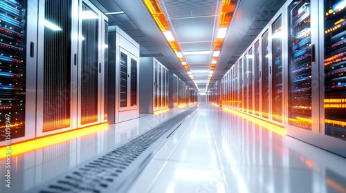Modern Server Room with Bright Lights and Advanced Technology