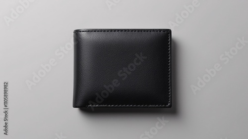 A plain black leather bifold wallet mockup with a subtle grain texture, rendered flat on a matte gray background in soft, photorealistic lighting. Perfect for branding or marketing.