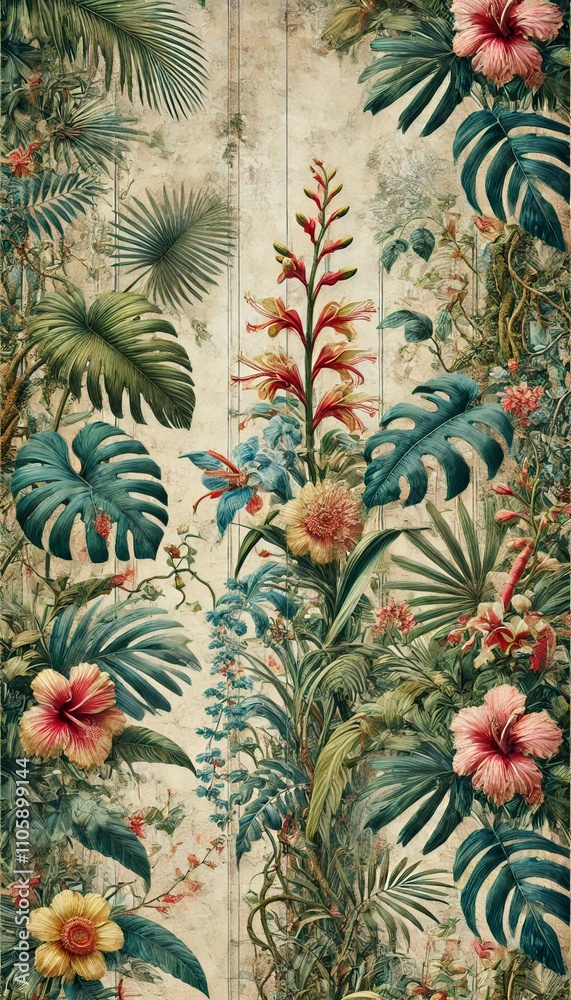 The vibrant jungle mural wallpaper you requested, featuring lush tropical foliage, delicate vines, and exotic flowers in a distressed vintage style2 The vibrant jungle mural wallpaper you requested, featuring lush tropical foliage, delicate vines, and exotic flowers in a distressed vintage style2