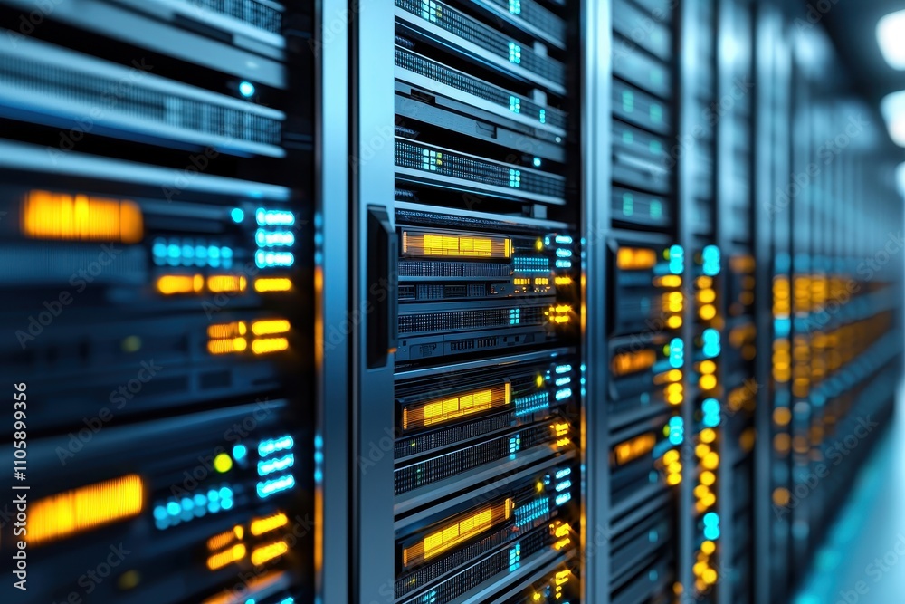 Data Center Technology with Server Racks and Bright LED Indicators