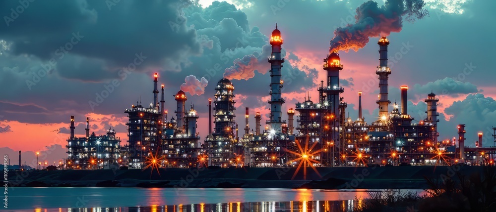 Fototapeta premium Future Energy Refinery - Double Exposure Factory Concept Art