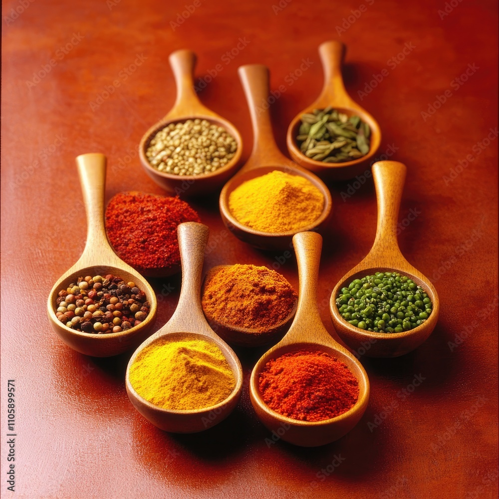A Colorful Array of Spices and Herbs Displayed in Wooden Spoons for Culinary Inspiration and Cooking Creativity A Colorful Array of Spices and Herbs Displayed in Wooden Spoons for Culinary Inspiration and Cooking Creativity