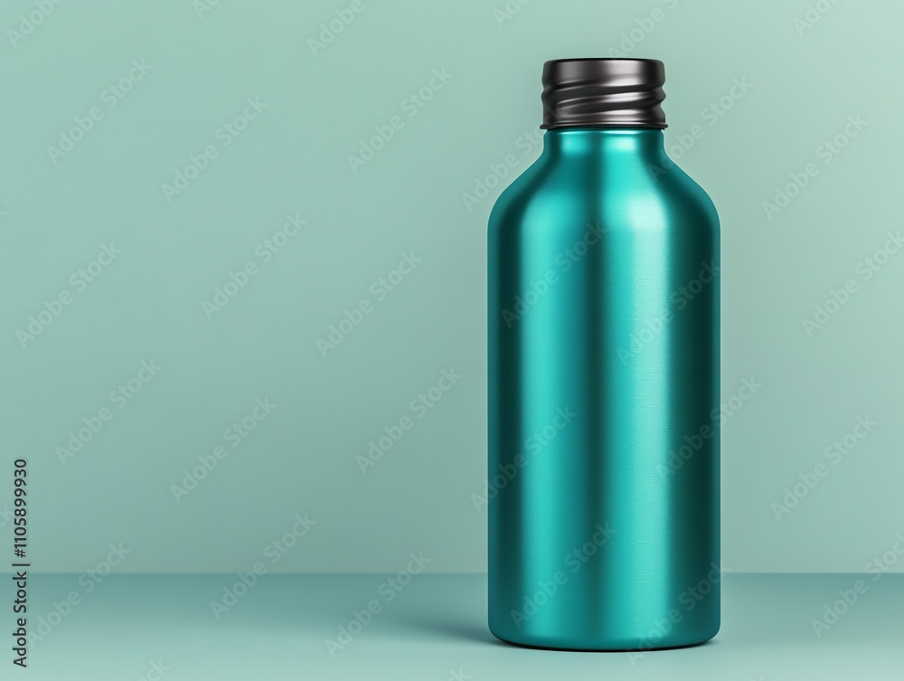 Teal metallic bottle mockup on green background. Teal metallic bottle mockup on green background.