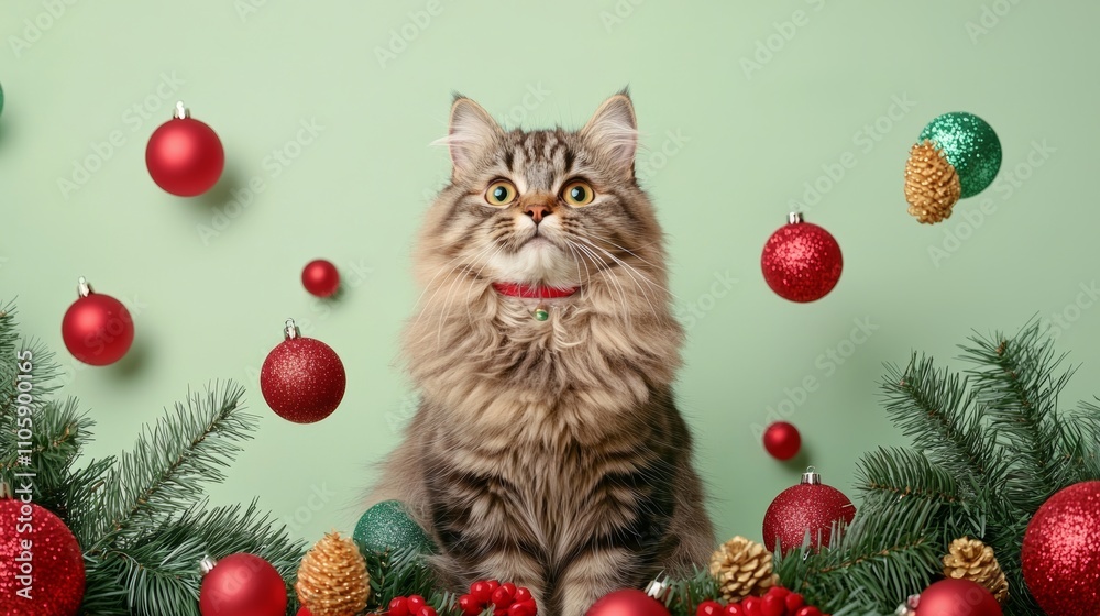 A fluffy cat is surrounded by festive decorations, including colorful ornaments and pine branches, set against a soft green background. A fluffy cat is surrounded by festive decorations, including colorful ornaments and pine branches, set against a soft green background.