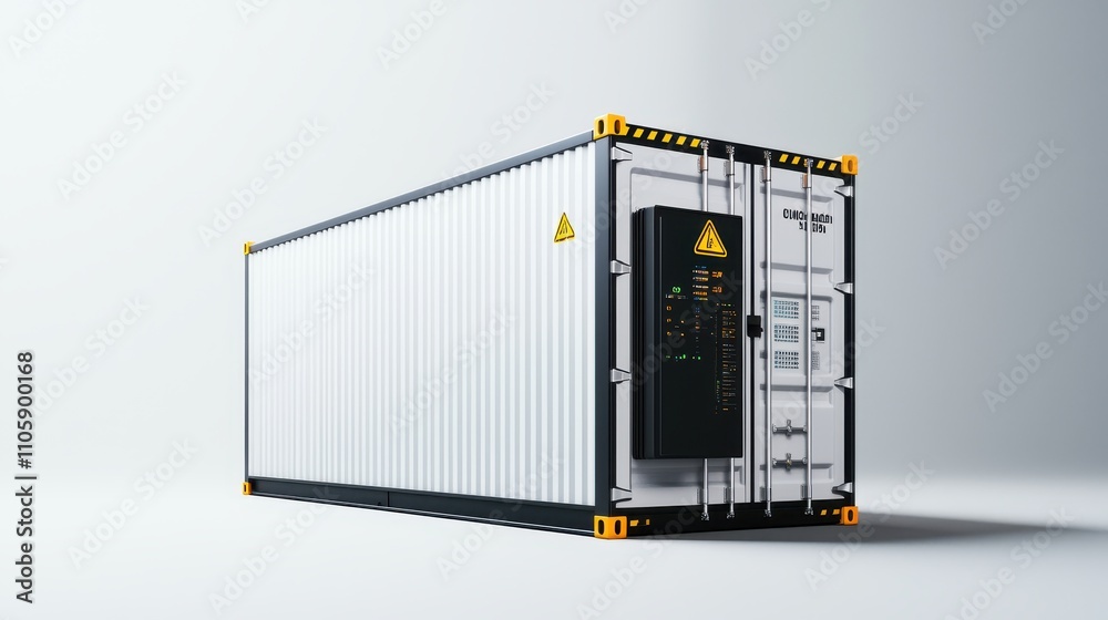 Industrial Storage Container with Warning Signs and Control Panels Industrial Storage Container with Warning Signs and Control Panels