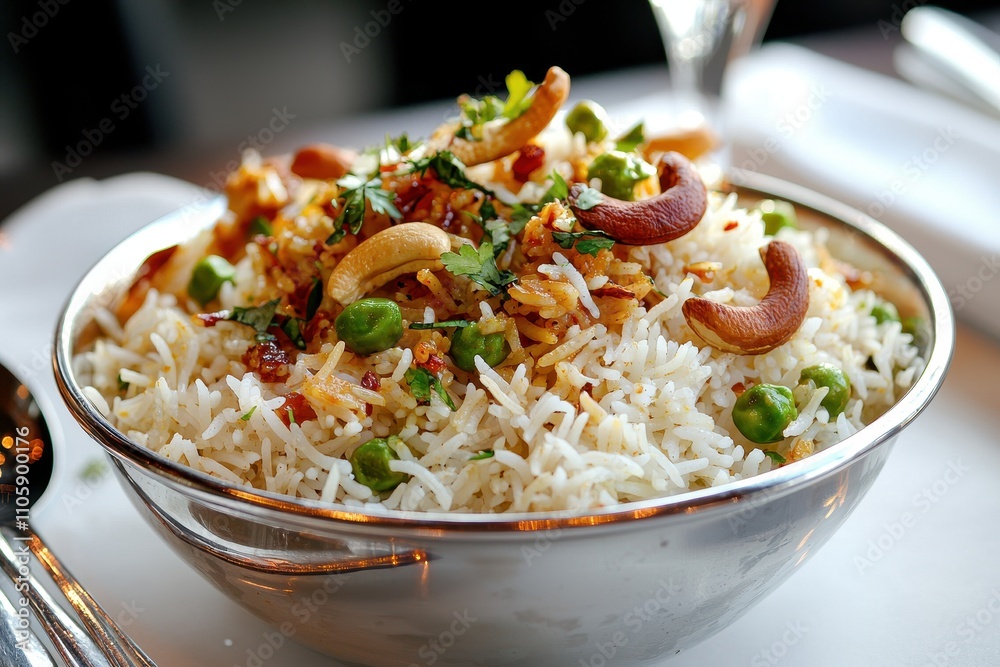 Delicious Basmati Rice Biryani with Nuts and Green Peas Garnish Delicious Basmati Rice Biryani with Nuts and Green Peas Garnish