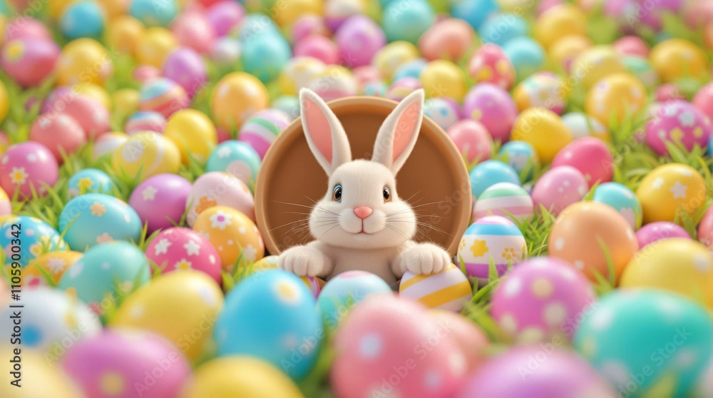 A white Easter bunny peeks out from a circle of brightly colored eggs, creating an atmosphere of joy and fun for cards, invitations, posters and holiday advertising A white Easter bunny peeks out from a circle of brightly colored eggs, creating an atmosphere of joy and fun for cards, invitations, posters and holiday advertising