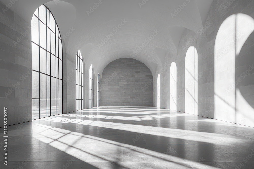 Sunlit Hallway With Archways And Large Windows Sunlit Hallway With Archways And Large Windows