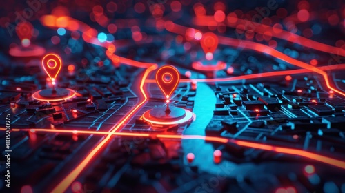 Futuristic digital map grid with neon glow markers and data connections representing advanced navigation urban planning and transportation concepts