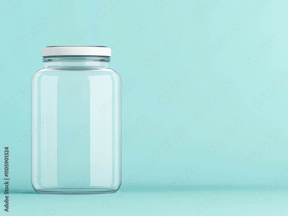 Empty glass jar with white lid on blue background. Empty glass jar with white lid on blue background.
