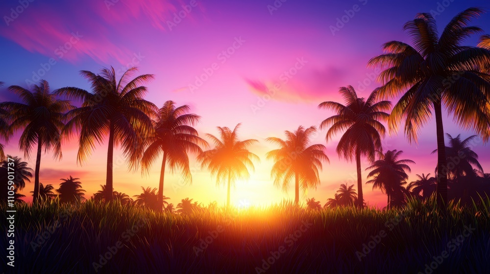 Vibrant Sunset Over Palm Trees with Colorful Sky and Silhouette Vibrant Sunset Over Palm Trees with Colorful Sky and Silhouette