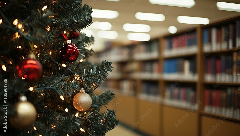 Christmas Tree with Bokeh Lights in a Library Background, Featuring Blurred Bookshelves and Christmas Decorations for a Festive Holiday Christmas Tree with Bokeh Lights in a Library Background, Featuring Blurred Bookshelves and Christmas Decorations for a Festive Holiday