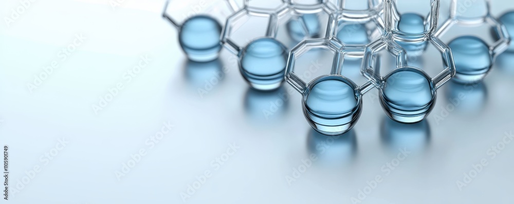 Abstract representation of molecular structures with blue spheres, suggesting themes of science, chemistry, and innovation on a smooth surface. Abstract representation of molecular structures with blue spheres, suggesting themes of science, chemistry, and innovation on a smooth surface.