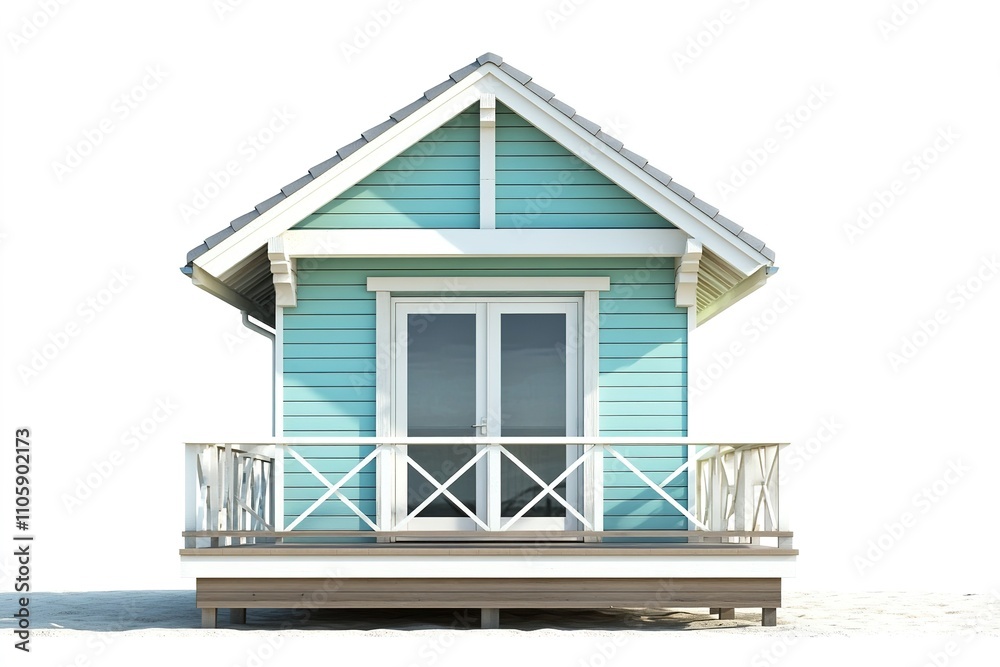Blue wooden beach house with a porch and white trim. Blue wooden beach house with a porch and white trim.
