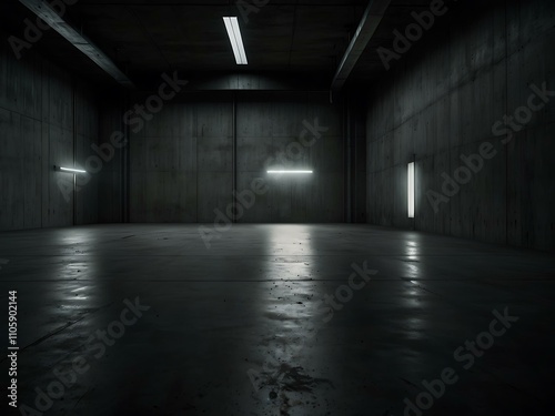 Dark concrete room with a single light source.