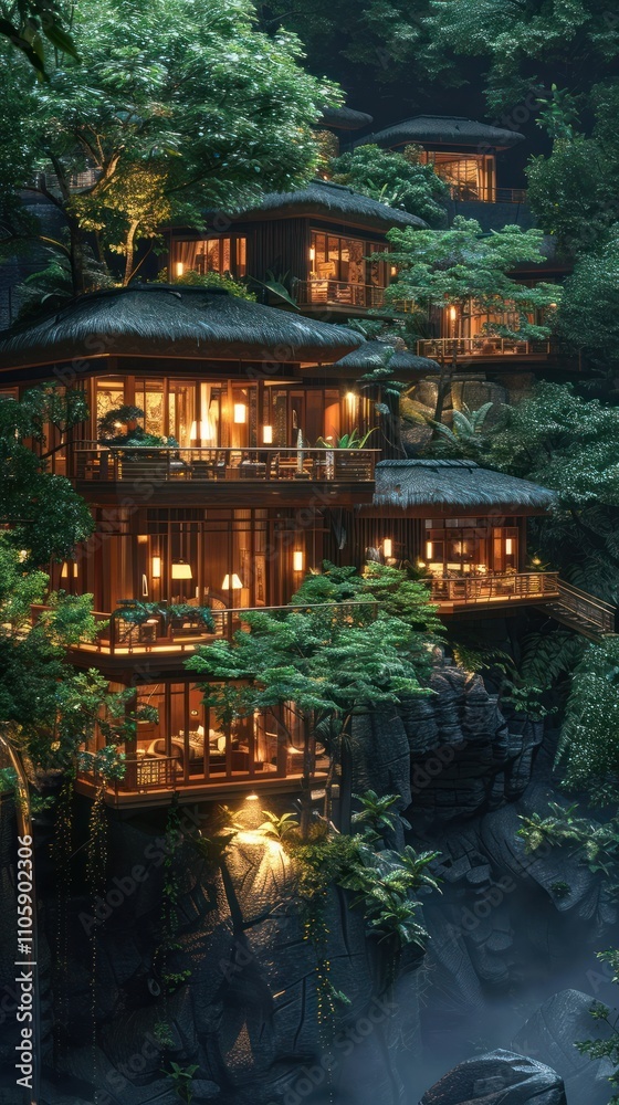 Obraz premium Magical wooden treehouses nestled in a lush jungle canopy their warm glow illuminating the tranquil forest at night