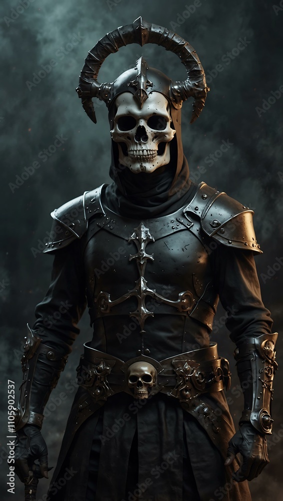 Fototapeta premium Dark fantasy character with a skull helmet and staff.