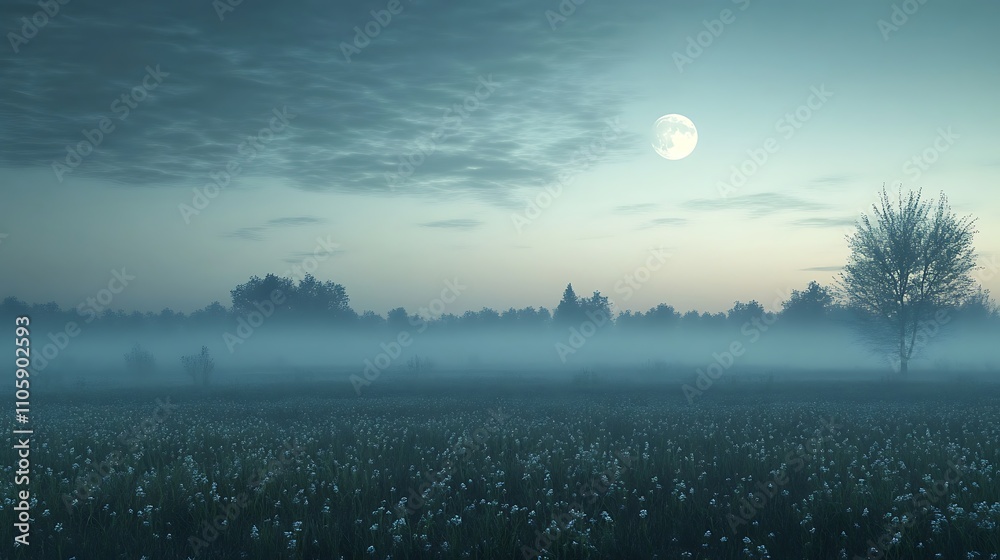 Moonlit Foggy Field With Trees and Flowers Moonlit Foggy Field With Trees and Flowers