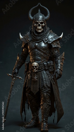 Dark fantasy character with a skull helmet and staff.