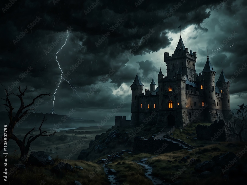 Fototapeta premium Dark fantasy landscape with an ancient castle during a storm.