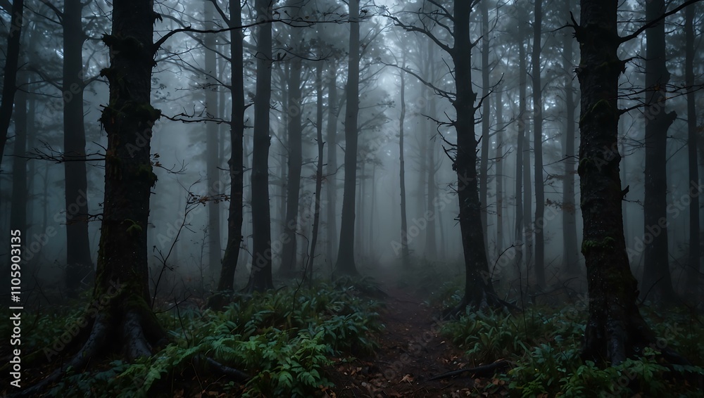 Dark forest engulfed in fog with a ghostly appearance. Dark forest engulfed in fog with a ghostly appearance.