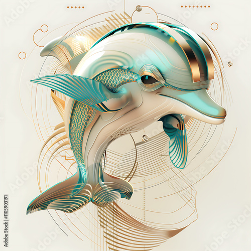 dolphin with a helmet in the style of futuristic geometric abstraction