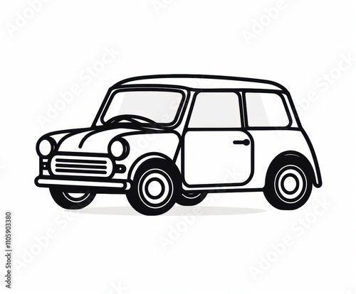Minimalist black-and-white line art illustration of a car with a classic design, featuring clean outlines on a white background.