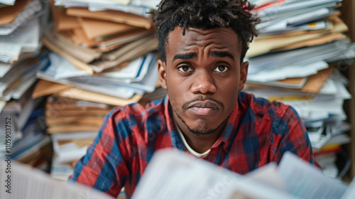 Young African-American man exhausted around chaotic and disorganized stacks of paper, overwhelmed and stress. Challenges of organization, workload efficient task management photo