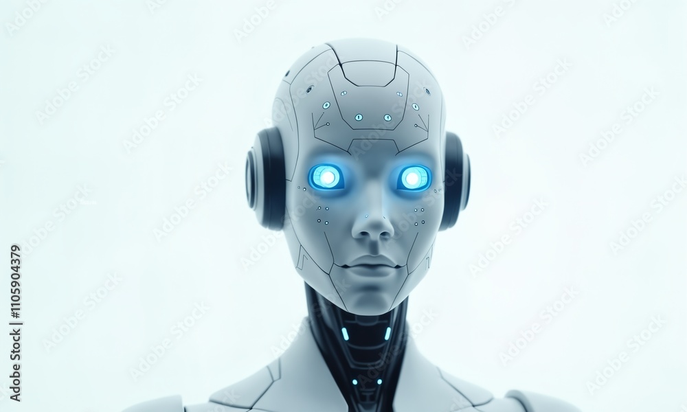 A minimalist robot head with glowing blue eyes and intricate patterns of light circuits running across its surface. The white background accentuates the sleek, high-tech design. A minimalist robot head with glowing blue eyes and intricate patterns of light circuits running across its surface. The white background accentuates the sleek, high-tech design.