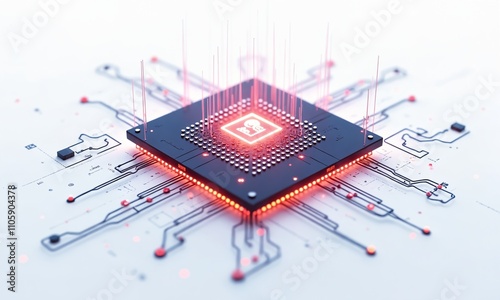 An illustration of a glowing AI chip surrounded by holographic data layers and abstract circuit designs. The white background highlights the chip as the central element of the composition.