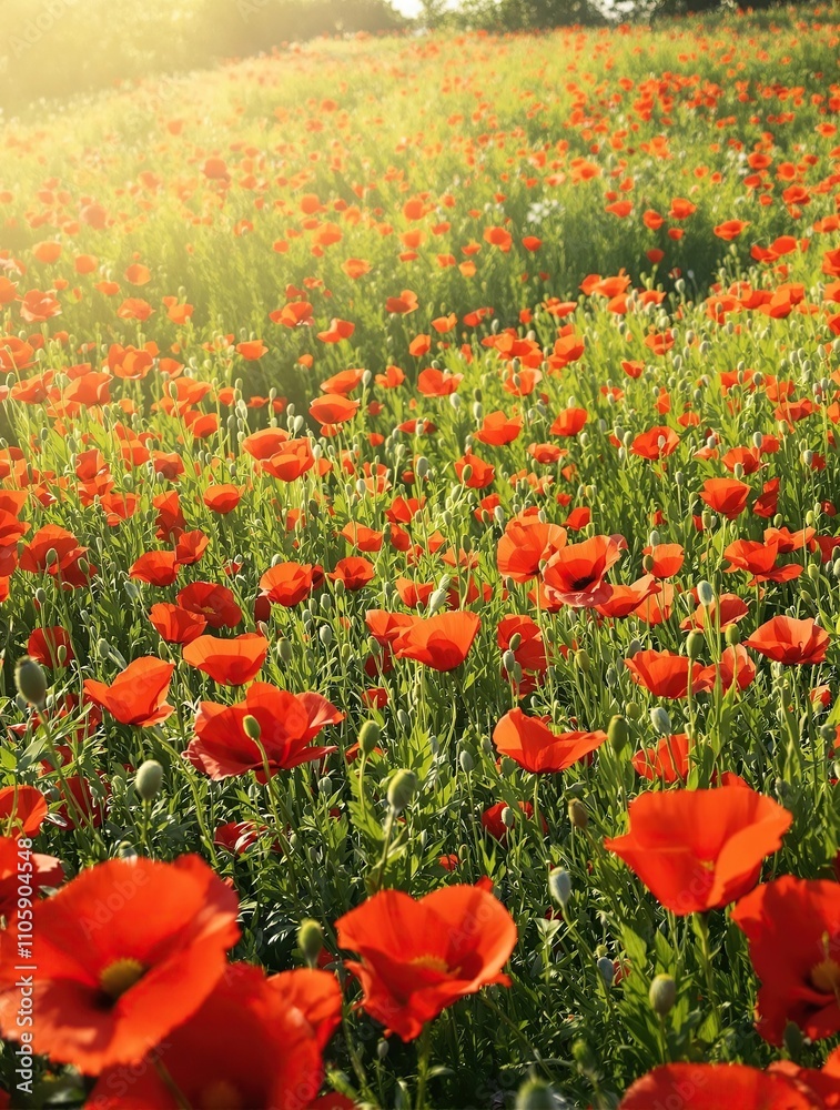 Fototapeta premium Warm sunlight filters through the vibrant red poppies in a lush summer meadow, flowers in bloom, wildflowers, sunlit field, countryside landscape
