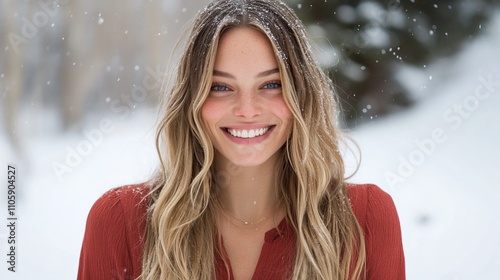 Joyful woman with a radiant smile in a rust-colored top, outdoors in the snow.